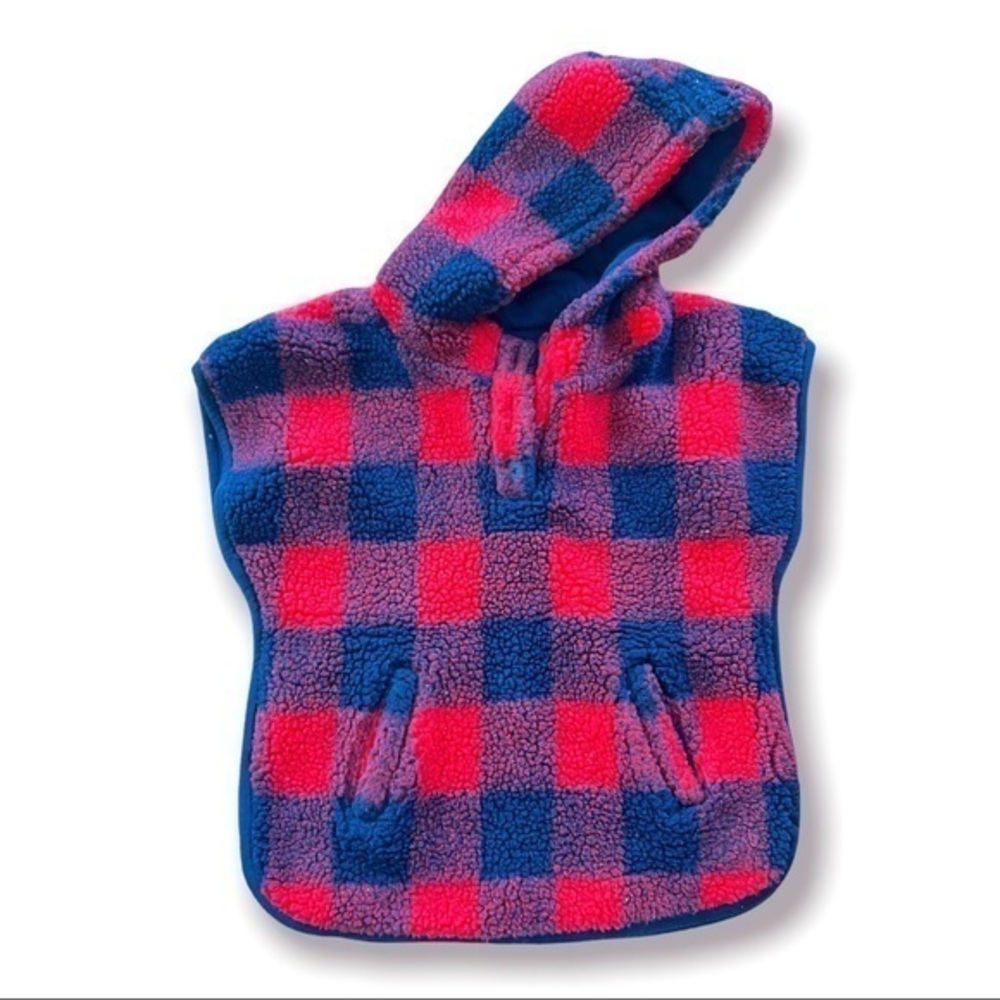 Cat and Jack Navy Red Plaid Faux Shearling Hooded Poncho Vest